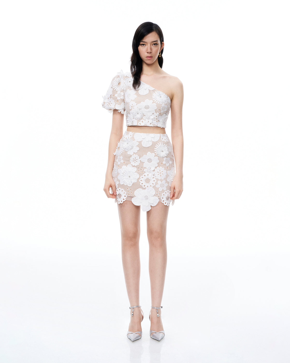 Ophelia One-shoulder Embroidered Iace Dress Suit - White