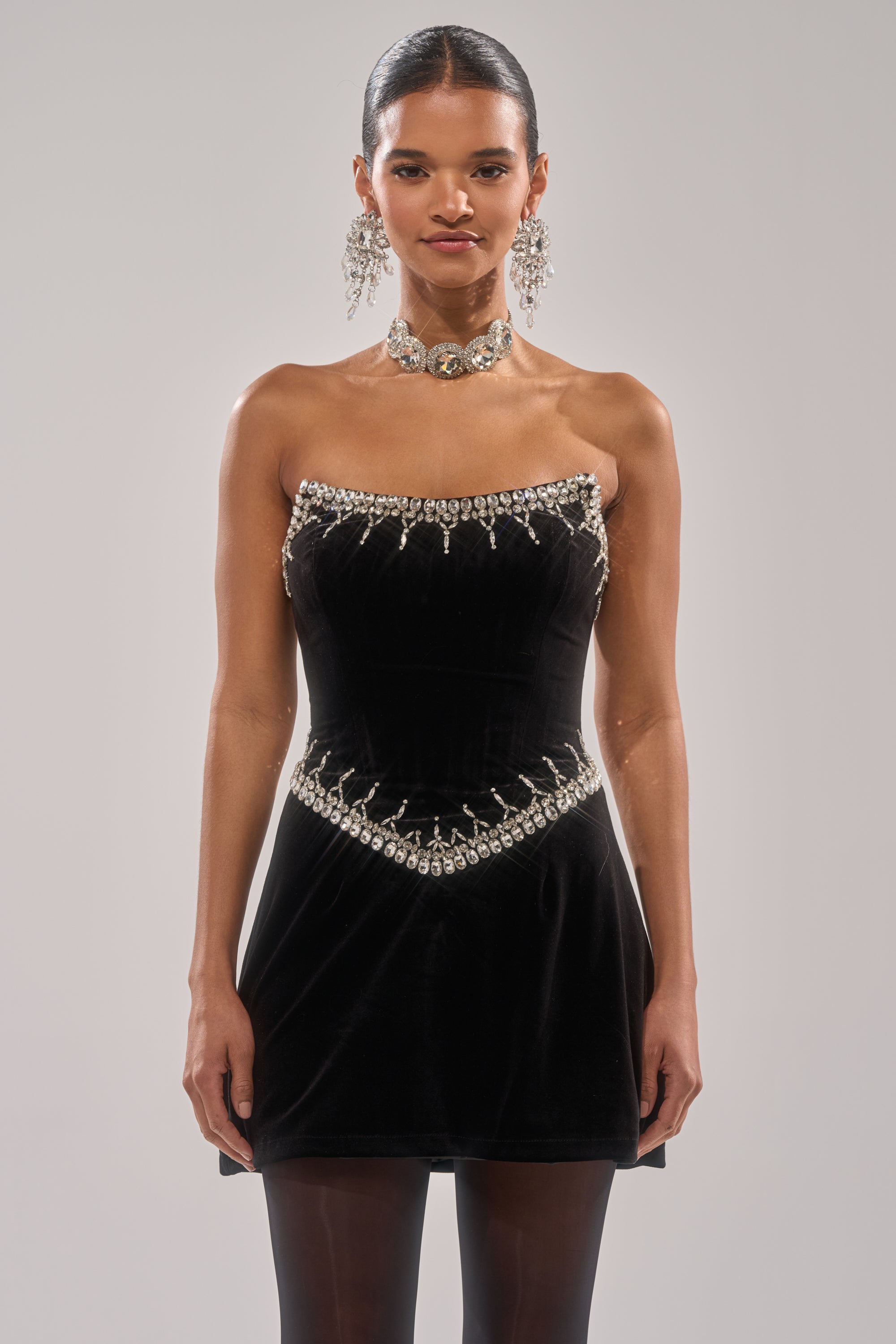 HIGH SOCIETY VELVET RHINESTONE MINI DRESS