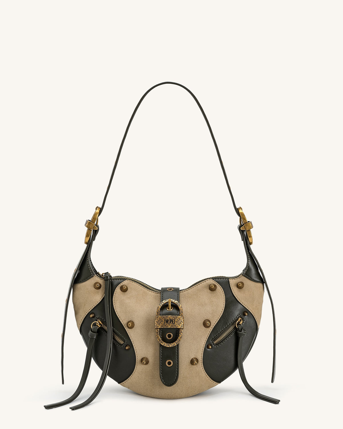 Tessa Faux Suede Studded Shoulder Bag - Khaki Green