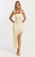 Almarie Midi Dress - Halter Neck Mesh Dress in Lemon