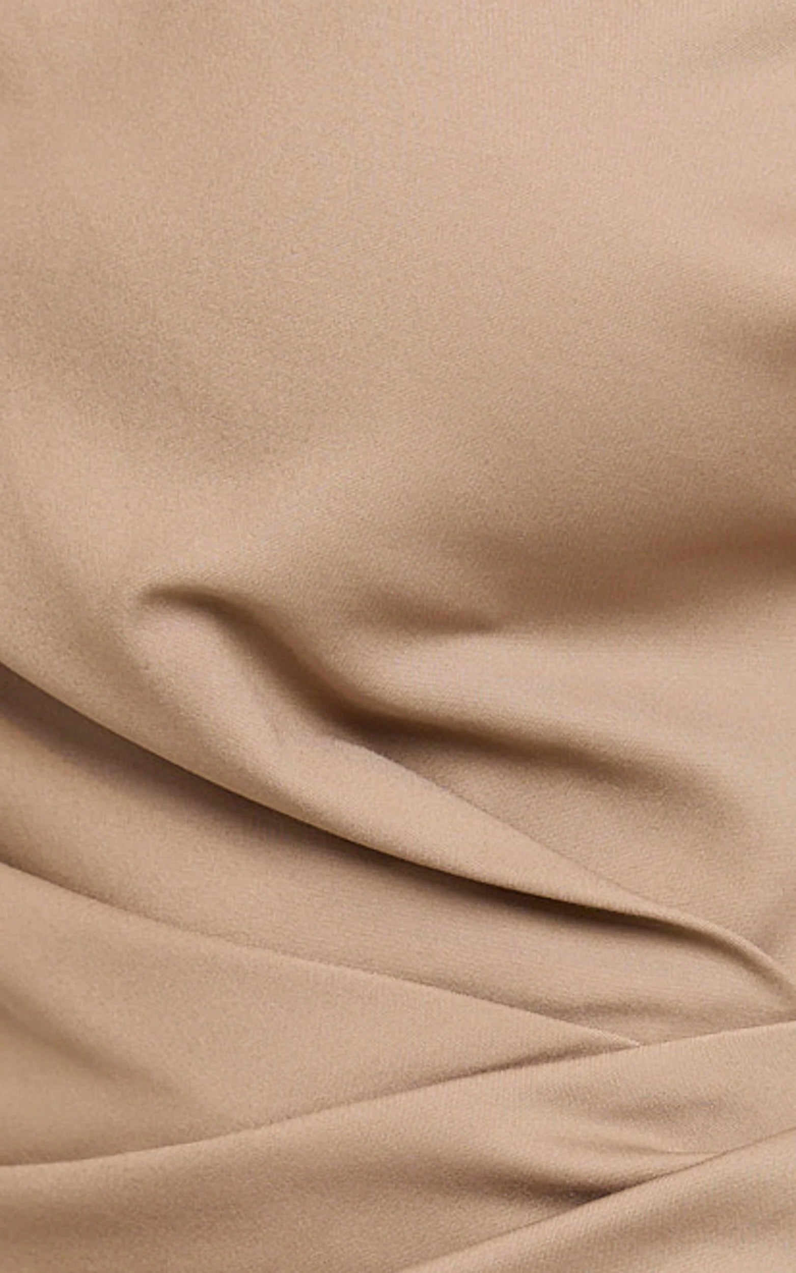 Alexandria Midi Dress - Tip Shoulder Draped Fitted Dress in Mocha