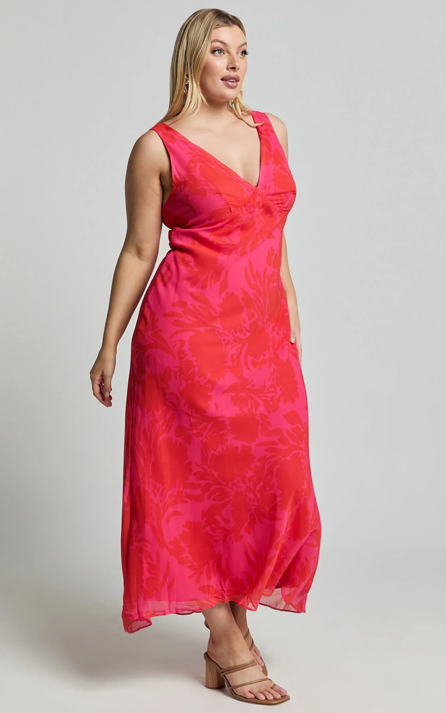 Jodie Midi Dress - V Neck Slip Dress in Pink Floral