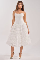 FIND ME LATER FLORAL CORSET MIDI DRESS IN WHITE