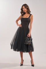 KNOW YOUR WORTH TULLE MIDI DRESS IN BLACK