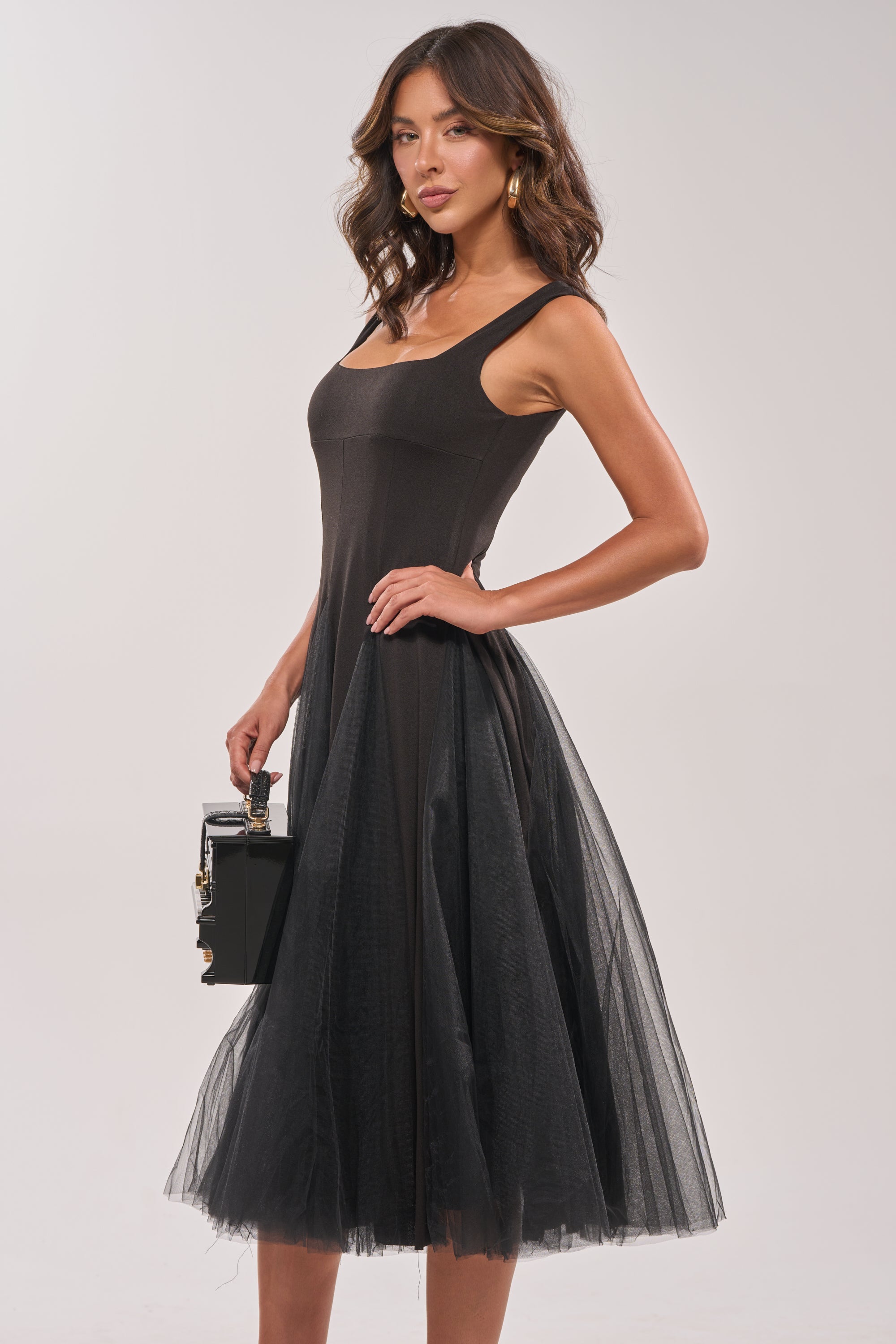 KNOW YOUR WORTH TULLE MIDI DRESS IN BLACK