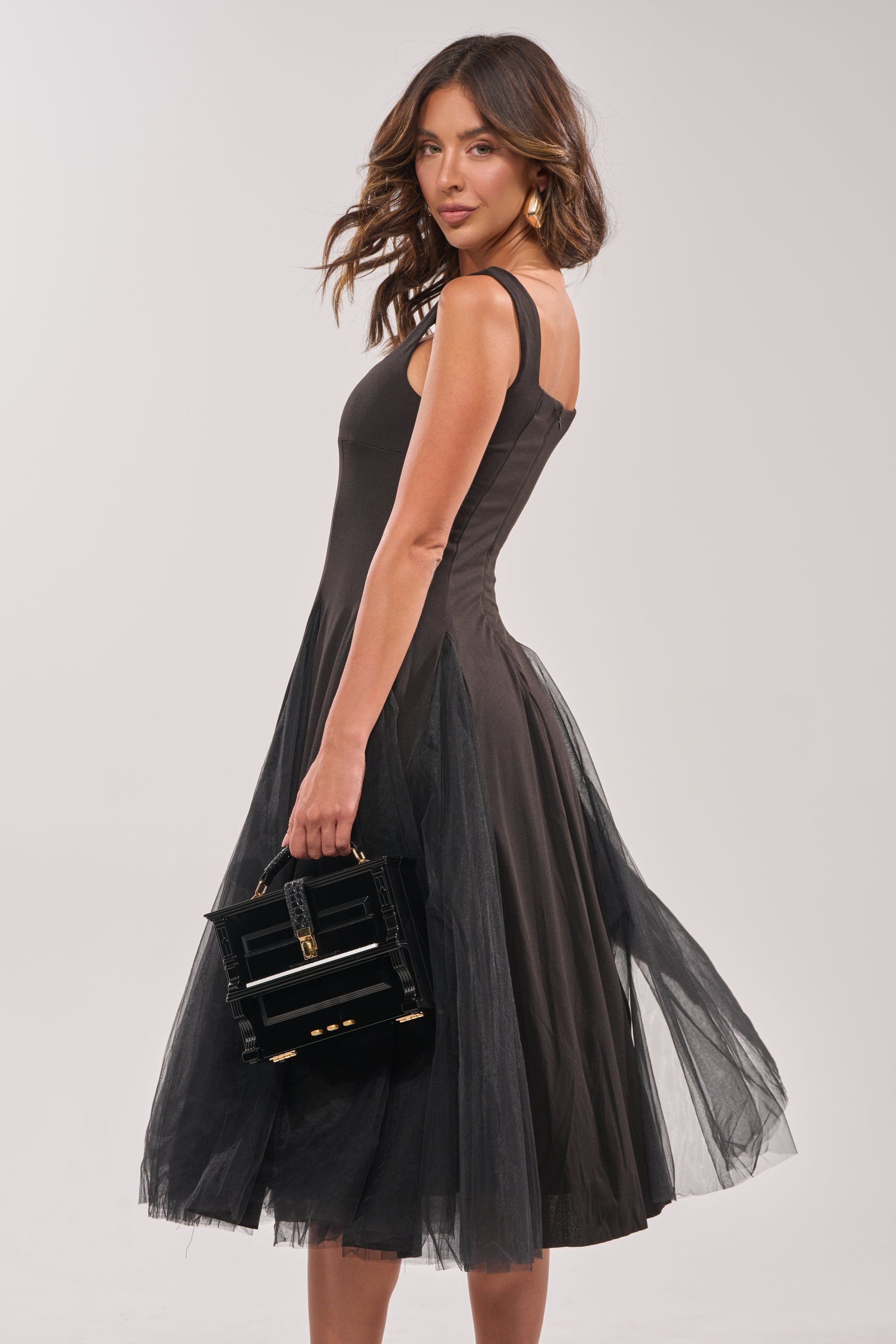KNOW YOUR WORTH TULLE MIDI DRESS IN BLACK
