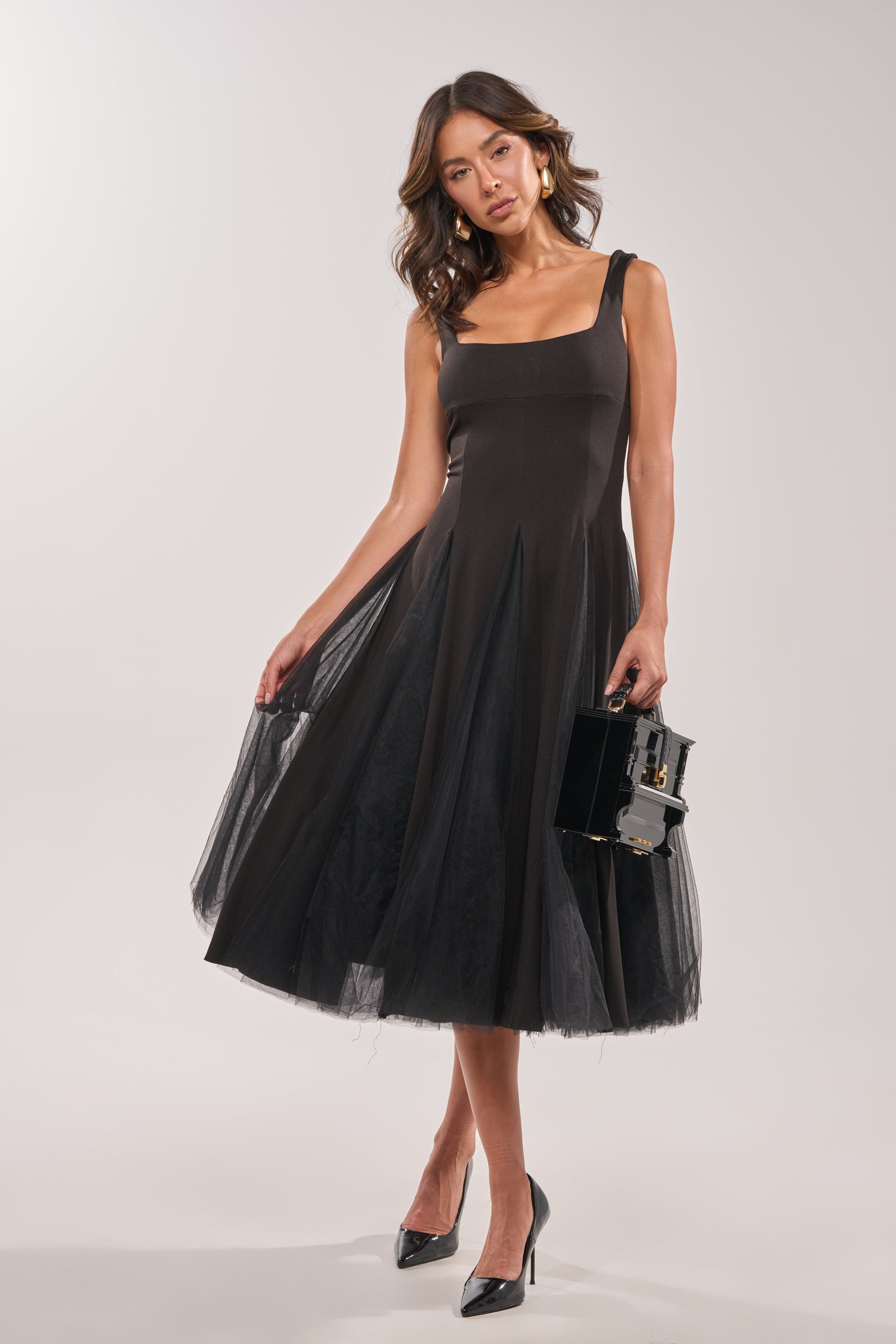 KNOW YOUR WORTH TULLE MIDI DRESS IN BLACK