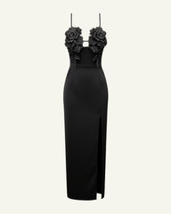 3D Floral Strappy Maxi Dress - Black