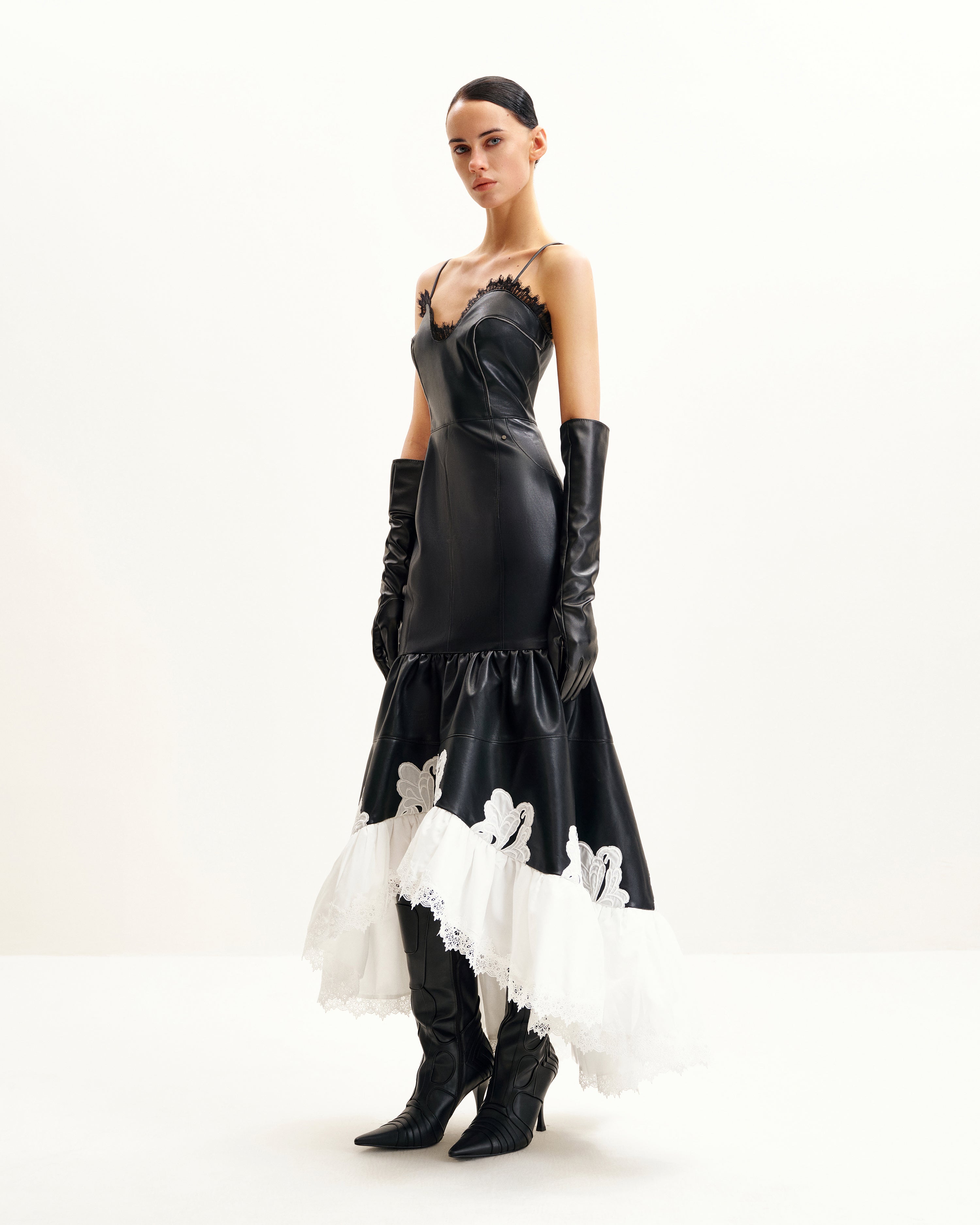 Zora Lace Trim Leather Dress - Black