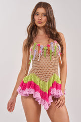 SWEPT AWAY CROCHET MINI DRESS IN HOT TROPICS