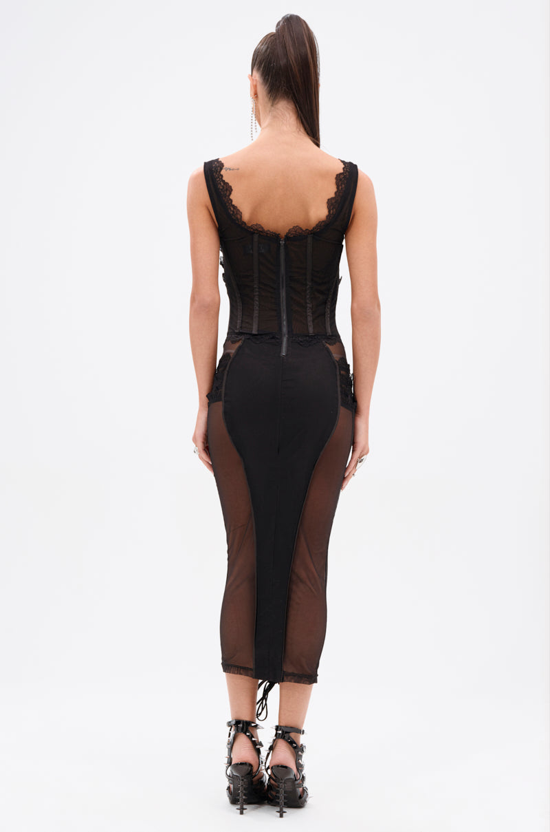 LET ME REMIND YOU LACE UP MESH MIDI DRESS