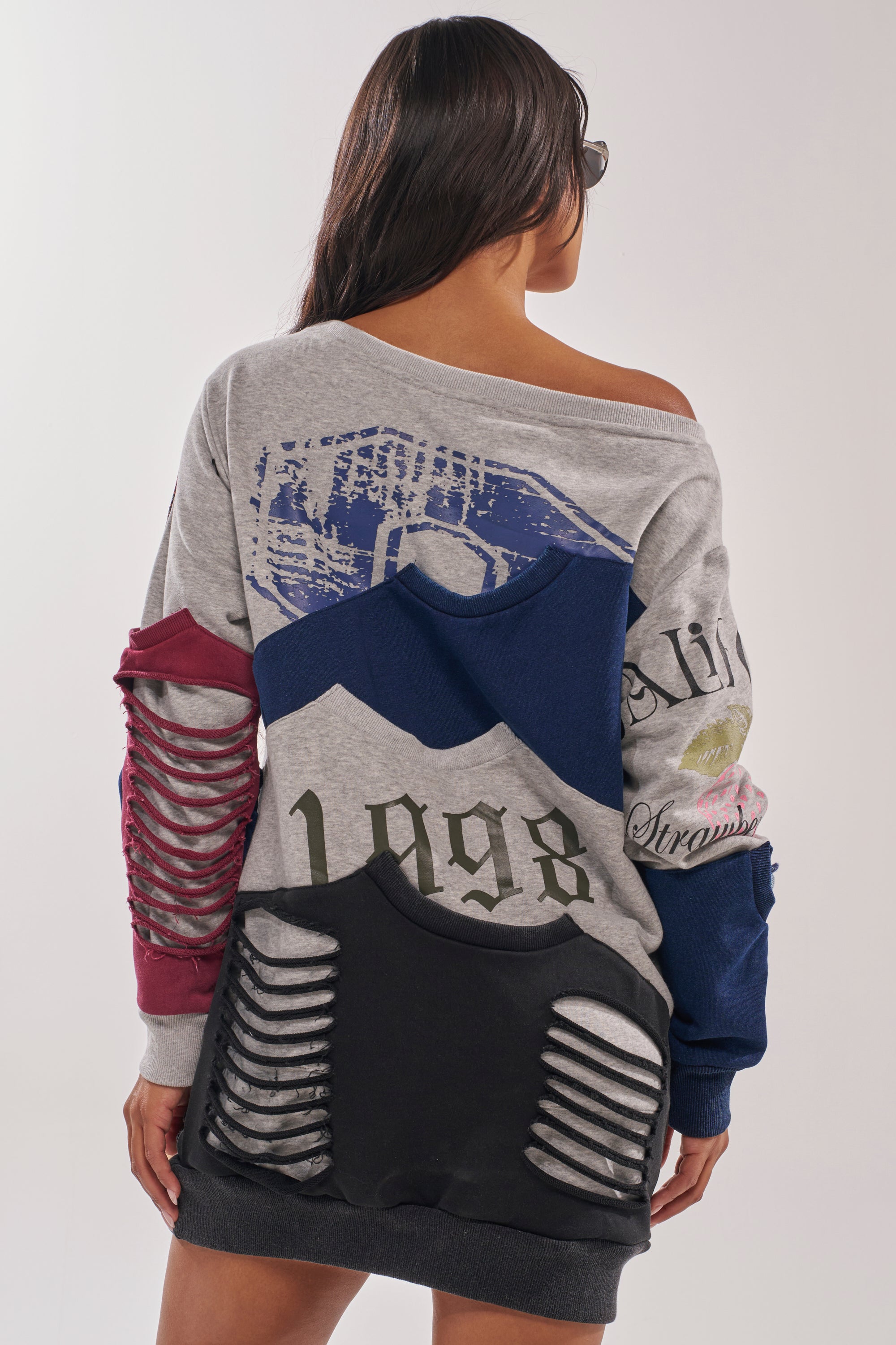 TALK LATER OFF THE SHOULDER PATCHWORK DRESS