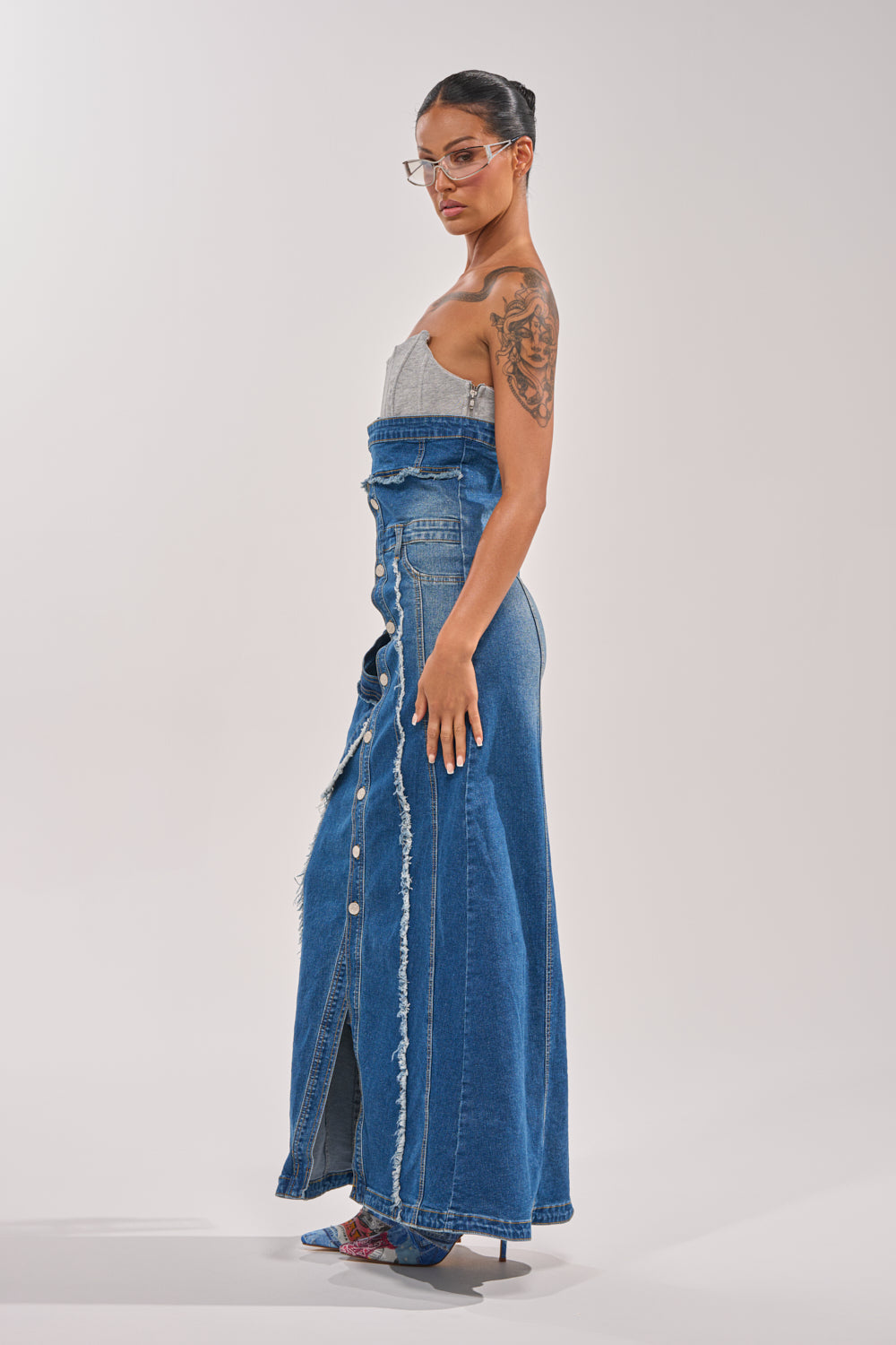 UP TO NO GOOD DISTRESSED DENIM MAXI DRESS