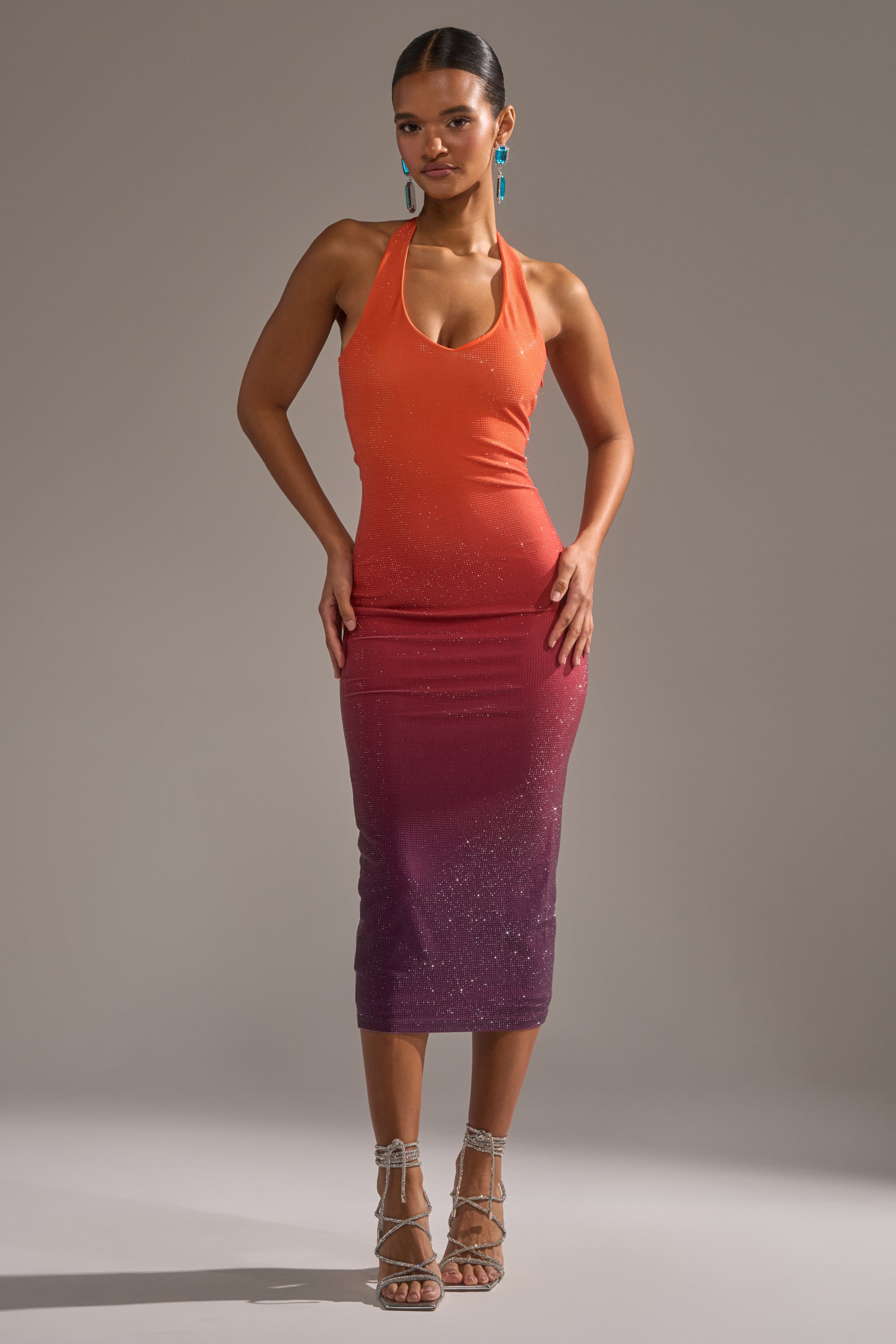 DUSK TILL DAWN RHINESTONE MIDI DRESS IN ORANGE