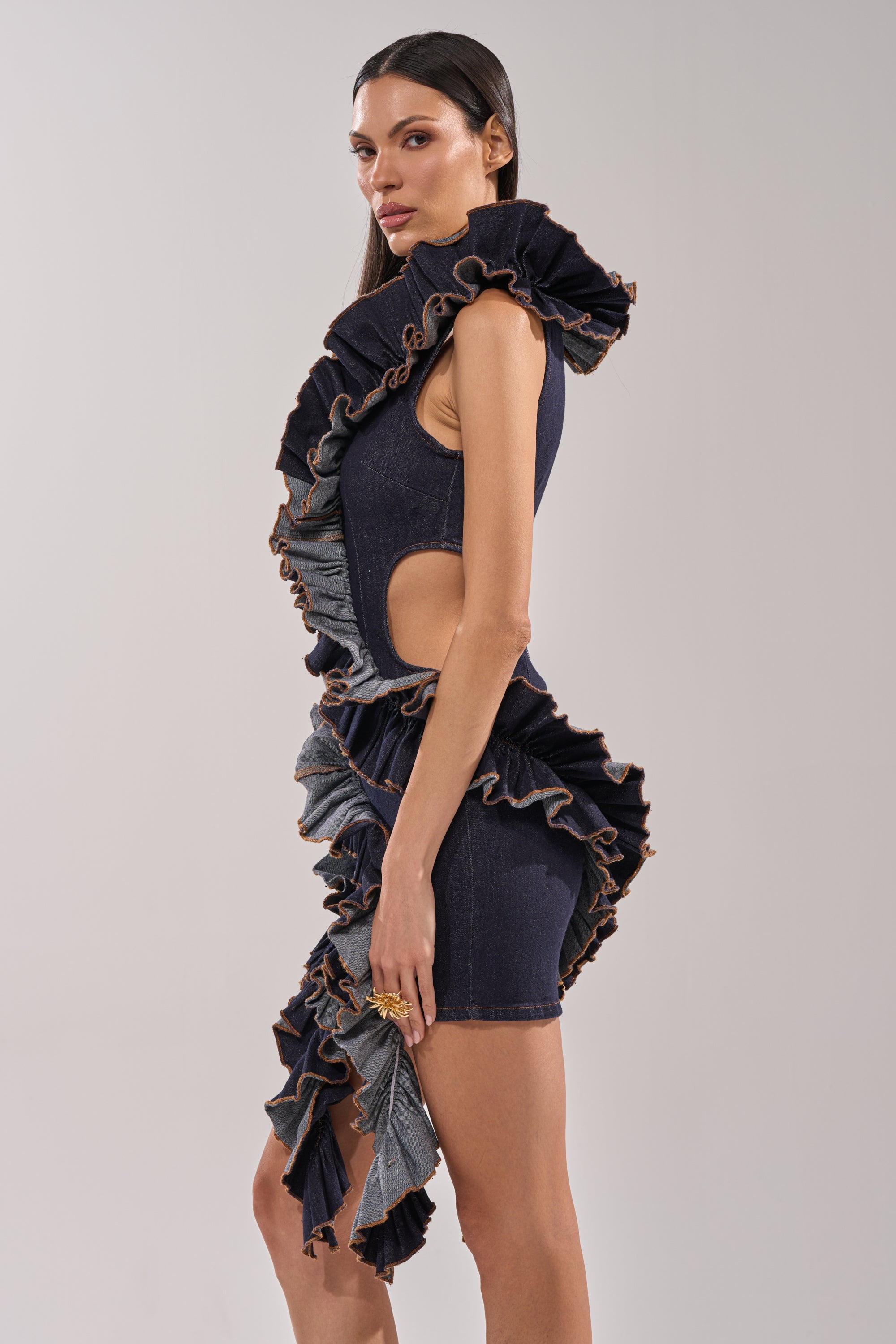 SAY IT AGAIN RUFFLED DENIM MINI DRESS IN DARK BLUE DENIM