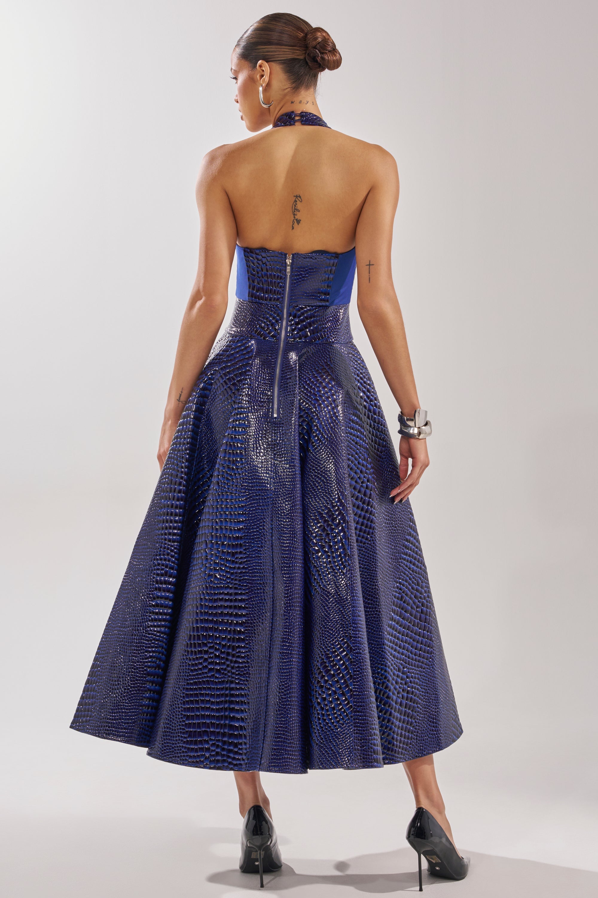 VEE FAUX LEATHER CROC MIDI DRESS