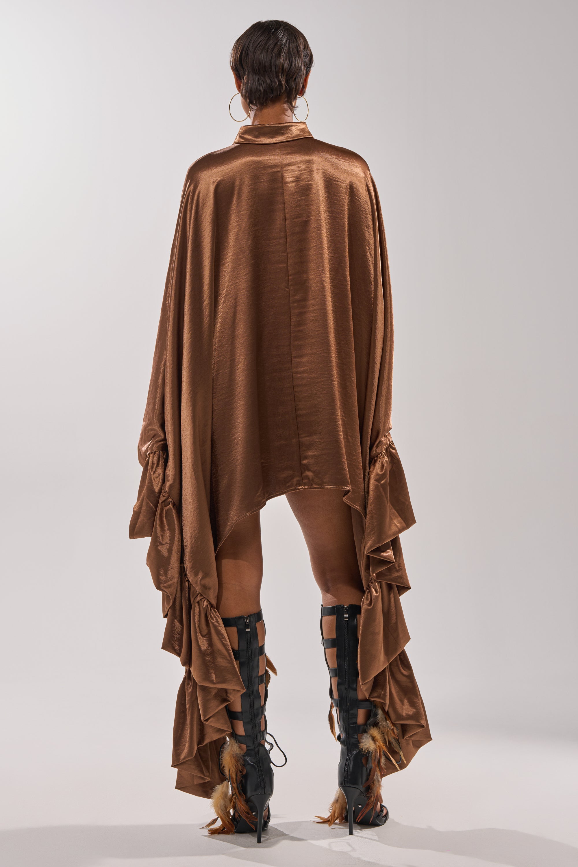 WONDERLUST SATIN LONG SLEEVE MINI DRESS IN BROWN