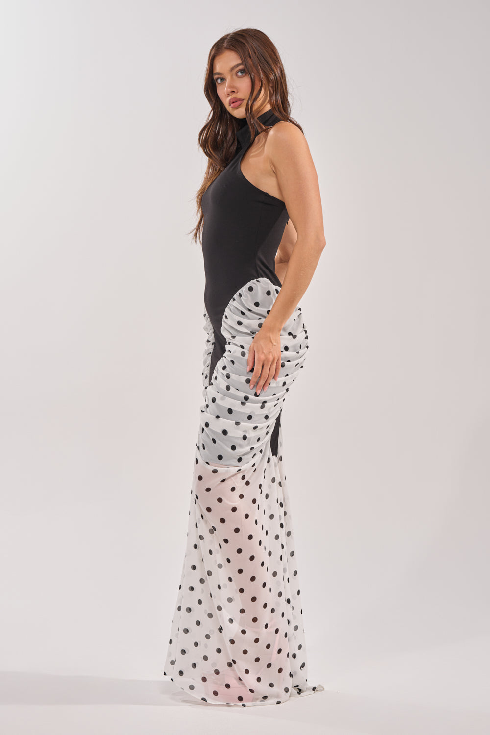 OUT FOR THE NIGHT MOCK NECK MAXI DRESS IN POLKA DOT