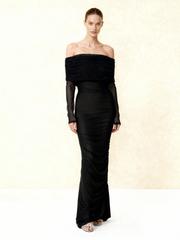 Ruched Off-Shoulder Mesh-Sleeve Mermaid Maxi Dress - Black
