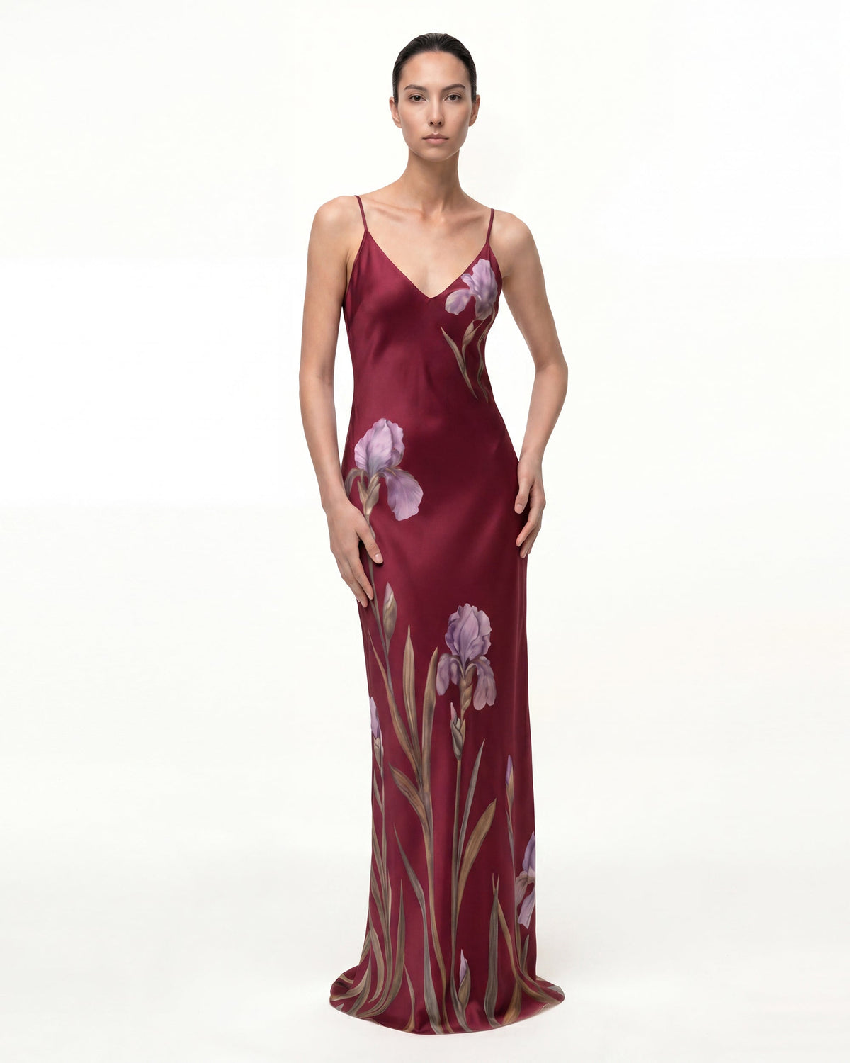 Iris Motif Satin Slip Gown - Burgundy/Purple