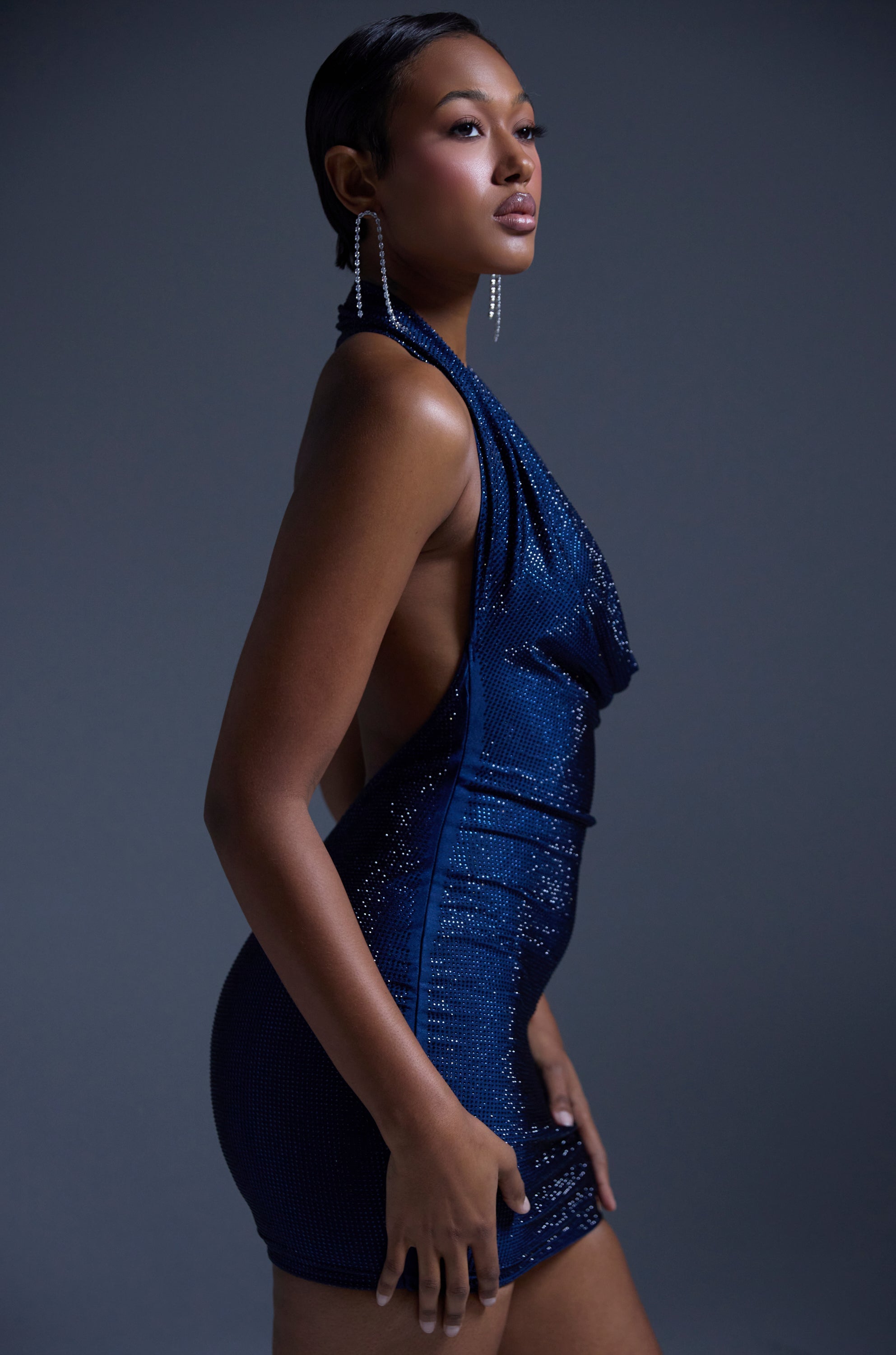 HEARTBREAKER RHINESTONE MINI DRESS IN NAVY