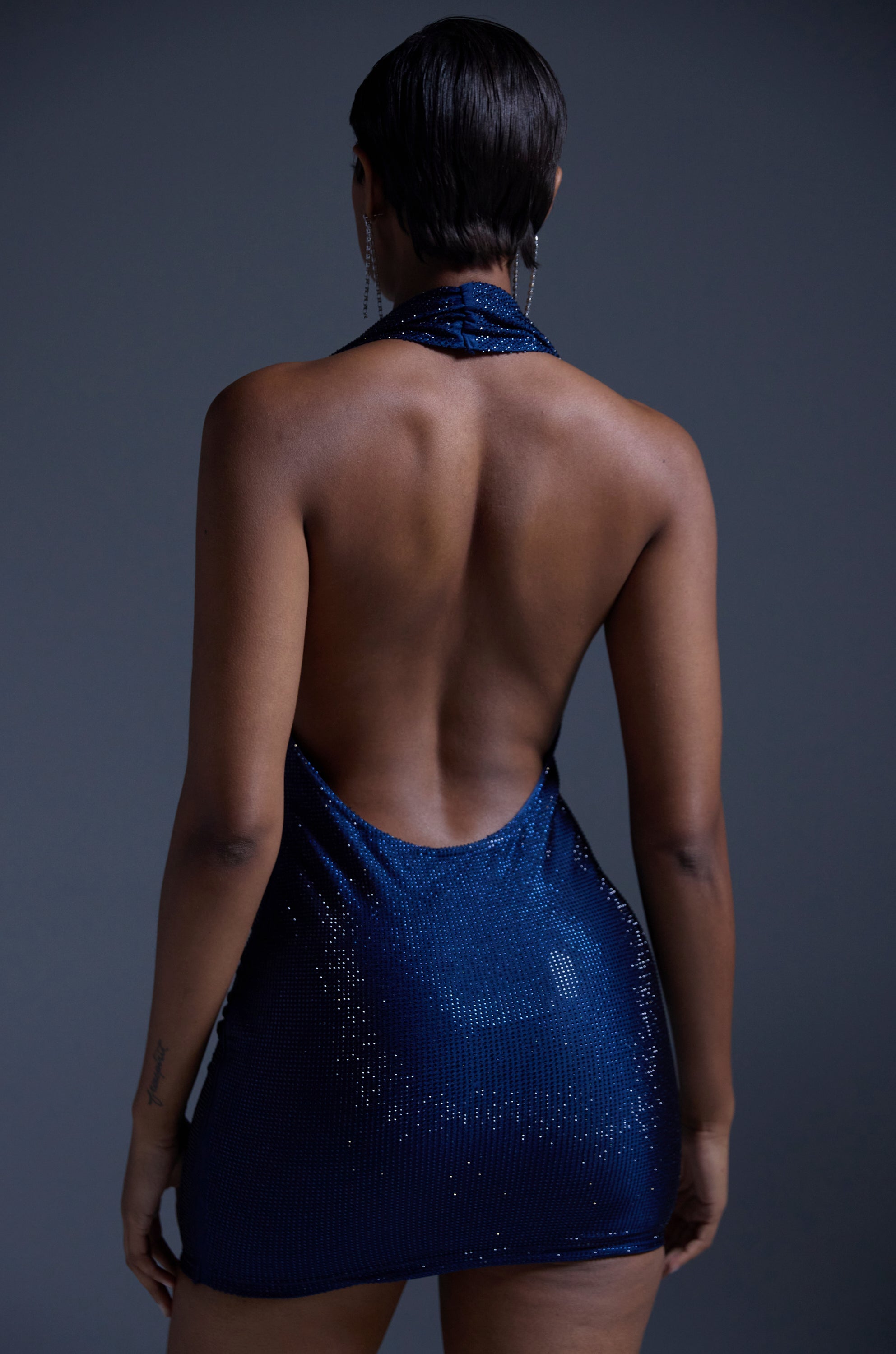 HEARTBREAKER RHINESTONE MINI DRESS IN NAVY