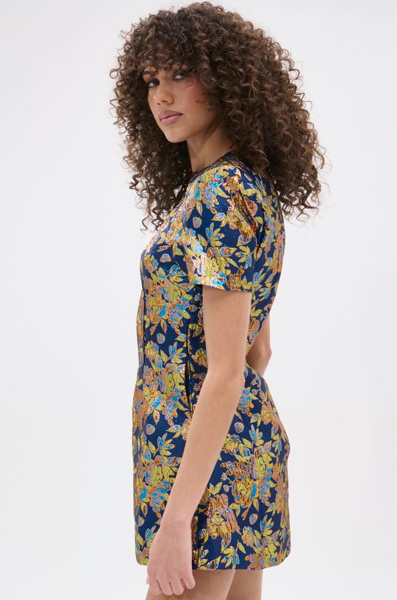 BLUE IS THE NEW BLACK BROCADE MINI DRESS