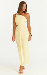 Mandy Midi Dress - Knot Detail Cut Out Mesh Dress in Lemon