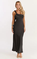 Calix Midi Dress - One Shoulder Slip Dress in Black