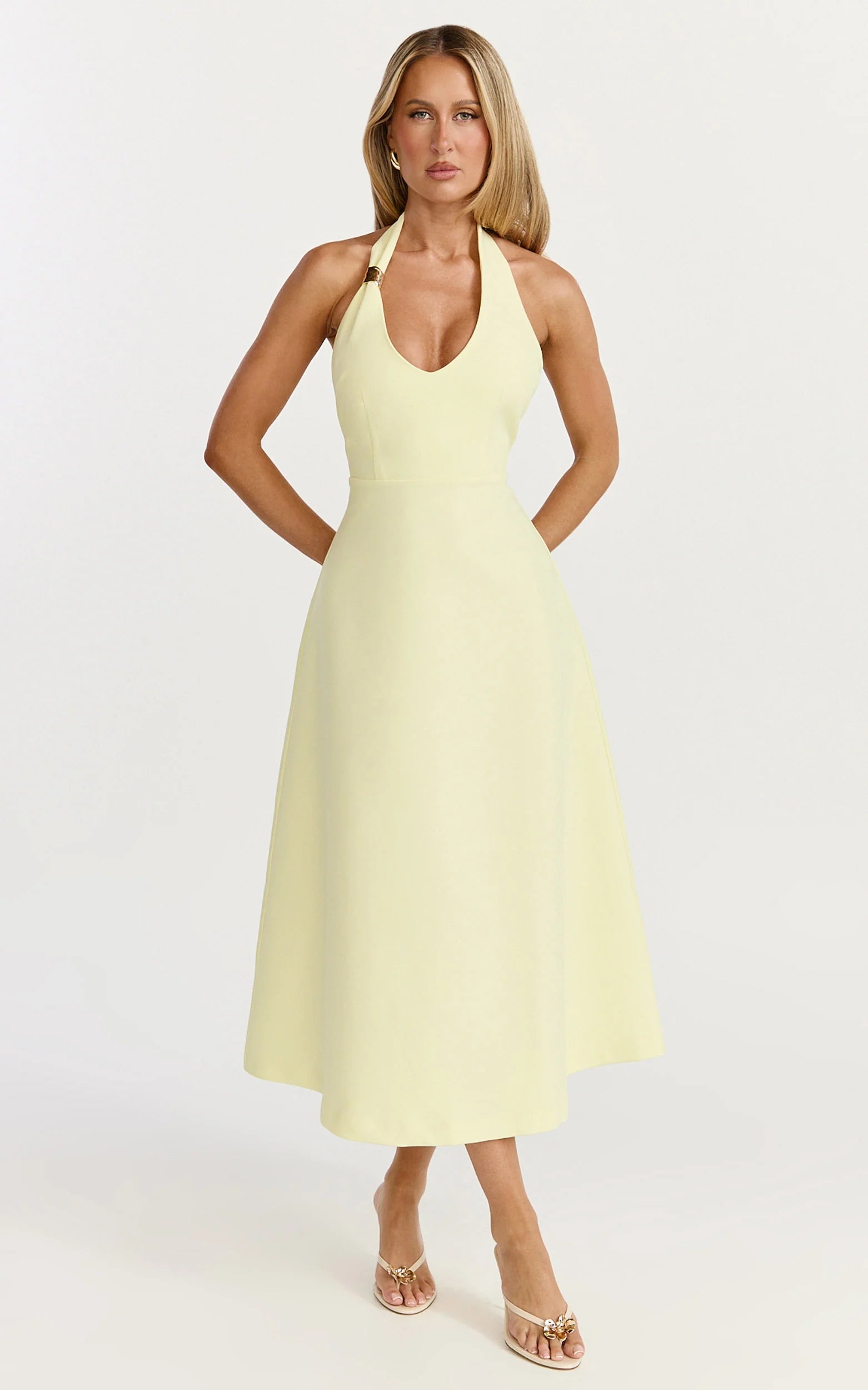 Leilani Midi Dress - Plunge Neck Hardware Fit and Flare Dress in Lemon