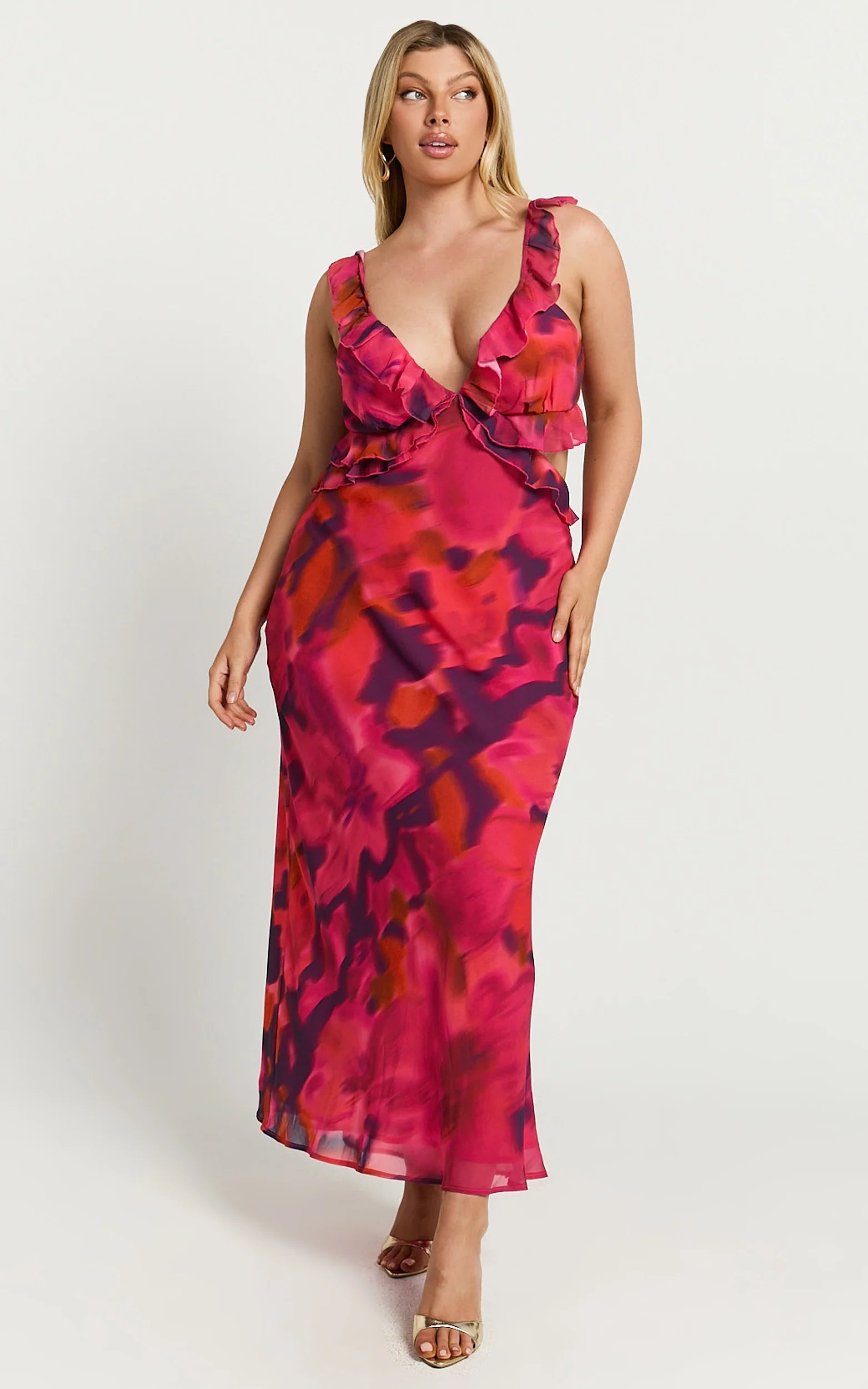 Alessa Midi Dress - V Neck Frill Detail Empire Waist Back Cut Out Dress in Adeana Print
