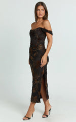 Karlene Midi Dress - Ruched Corset Burnout Dress in Black and Brown