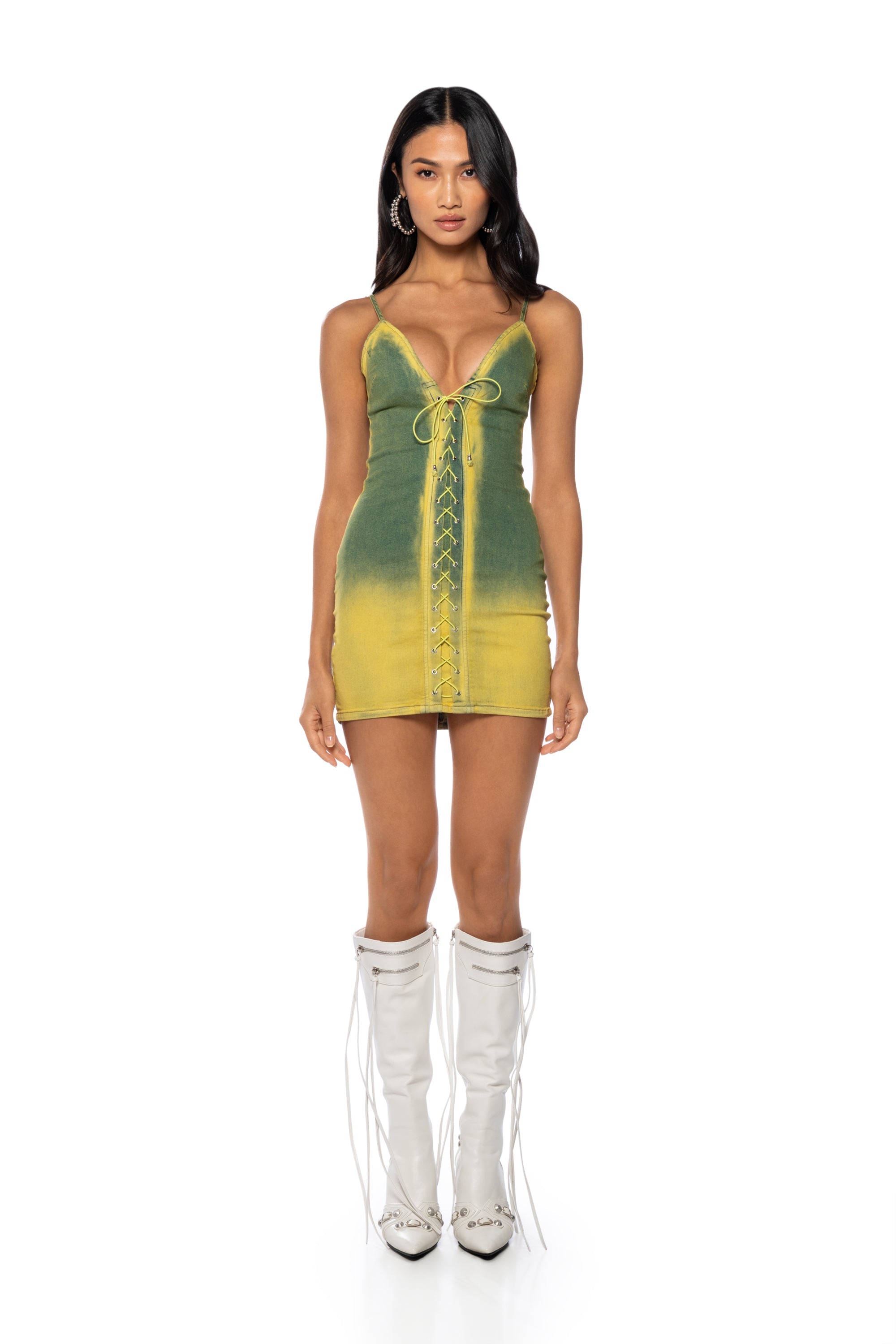 FUNKY GIRL TIE FRONT DENIM MINI DRESS