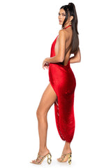 GIANINA FRINGED COWL NECK MAXI DRESS IN RED