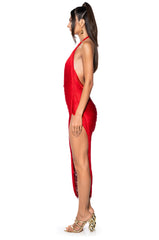 GIANINA FRINGED COWL NECK MAXI DRESS IN RED